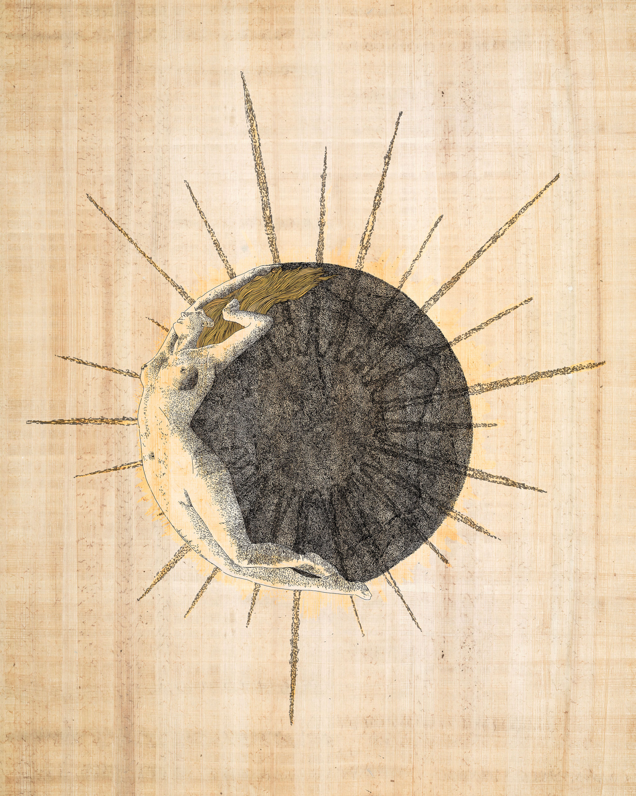 Limited Edition print of a celestial goddess embracing a solar eclipse, symbolizing transformation, renewal and divine feminine energy. Hand-drawn illustration on natural papyrus background with gold accents.