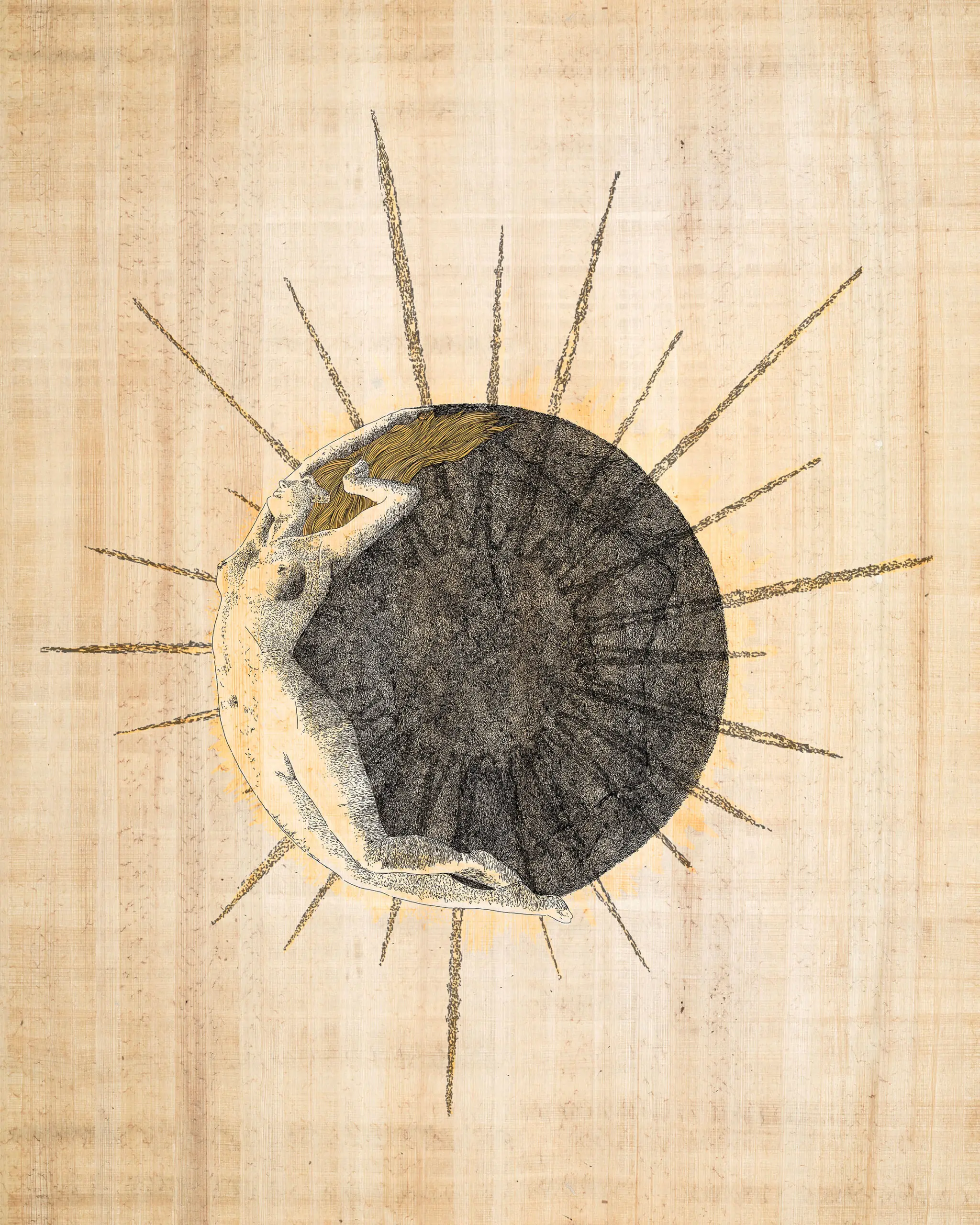 Limited Edition print of a celestial goddess embracing a solar eclipse, symbolizing transformation, renewal and divine feminine energy. Hand-drawn illustration on natural papyrus background with gold accents.